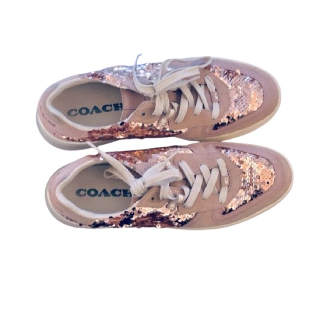 9.5b COACH PINK SNEAKERS SUEDE LEATHER DESIGNER TENNIS SHOES SPARKLY BLING
